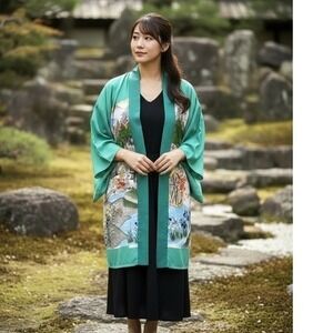 Vintage Savile Row Kimono Robe Teal Green Japanese Landscape Haori Japan